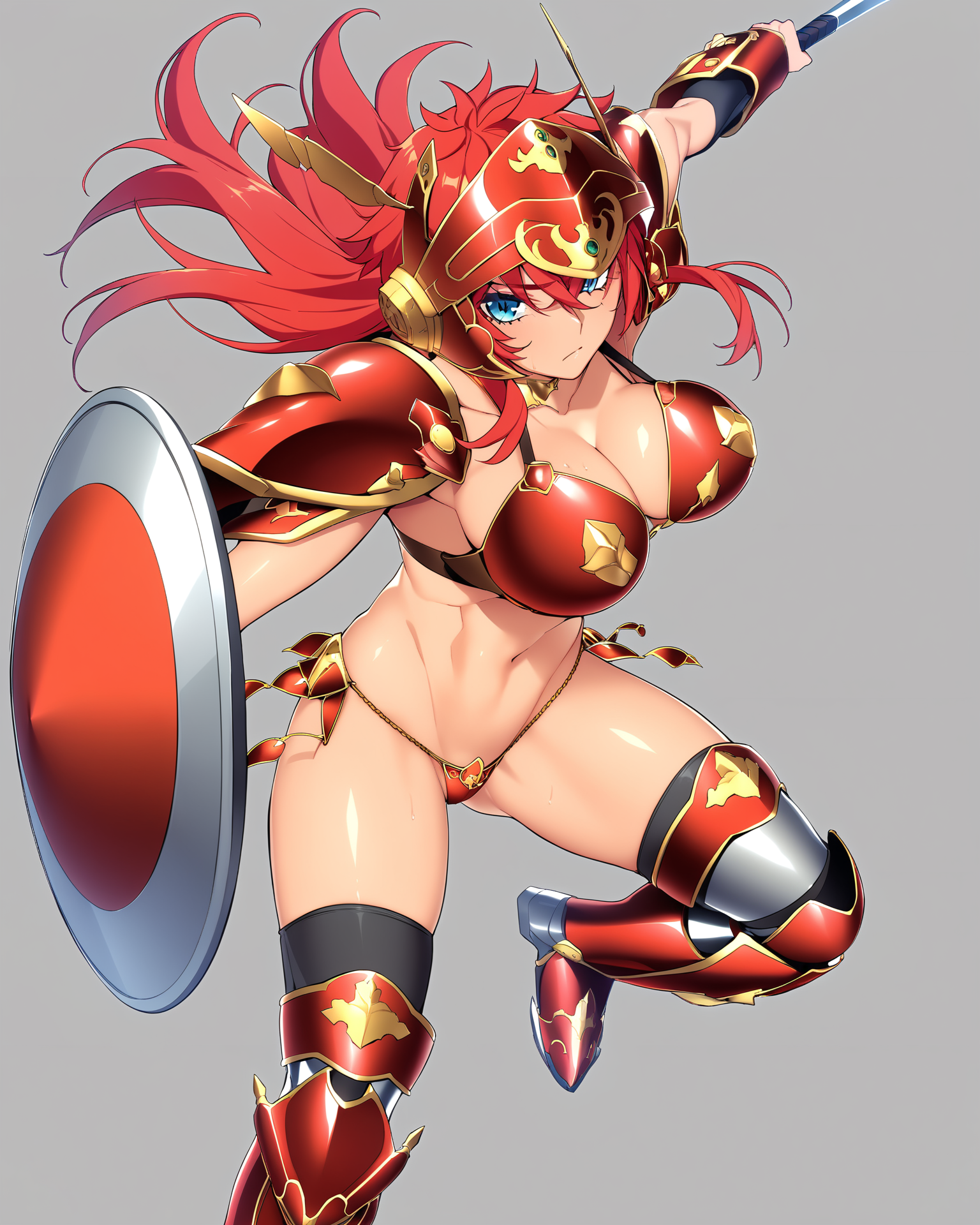 masterpiece, best quality, absurdres, very aesthetiuc, dynamic pose, official art, 1girl, solo, StellaFons, holding sword, holding shield, sf's golden neck ring, sf's helm, sf's shoulder pads, sf's arm guards, sf's armored boots, sf's bikini armor top, sf's bikini armor bottom, midriff, simple background, by mochizuki kei, <lora:MeMaPA:0.6>, <lora:v-s-e-n-anxl-000079:0.75>,