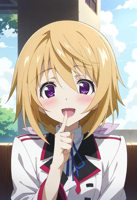 score_9, score_8_up, score_7_up, source_anime, masterpiece, best quality,perfect anatomy,rating_safe,charl, def,,blush,tareme,drooping eyes,shiny skin,finger to mouth,indes finger raised,happy <lora:charl.pony:1>