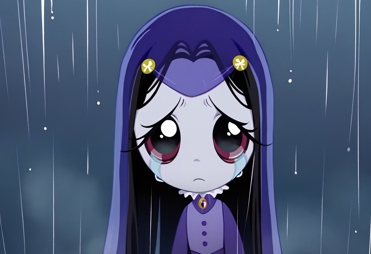 score_9, score_8_up, score_7_up BREAK MiseryRG, 1girl, black hair, black eyes, pale purple skin, tears trail, purple veil, yellow flower hairclips, white-collared purple buttoned dress, long purple sleeves, green spider neck cameo, looking at the viewer, dark rainy night outdoors, rainy night background,