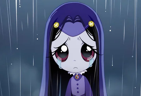 score_9, score_8_up, score_7_up BREAK MiseryRG, 1girl, black hair, black eyes, pale purple skin, tears trail, purple veil, yellow flower hairclips, white-collared purple buttoned dress, long purple sleeves, green spider neck cameo, looking at the viewer, dark rainy night outdoors, rainy night background,