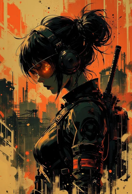 in the style of ck-mgs, nistyle, Special Ink-drawing mode, intricate linework with expressive contrasts, Mh1$AgThS2, Inkplash art on rice paper, sepia, henna , Silhouette Art, magnificent, inksplash closeup portrait of stunning japanese female sc-fi soldier, helmet, mirrored visor reflecting jungle environment