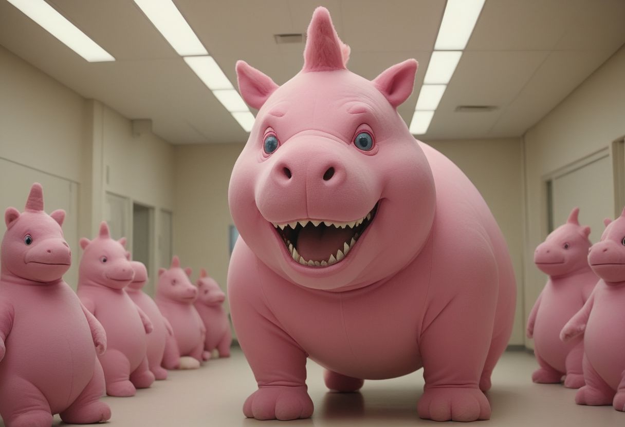 epic, cinematic, a towering (clown) pink chonkasaurus, (10chonkasaurus crowd), desaturised colours, in a sterile room, <lora:chonkasaurus-000003:1>