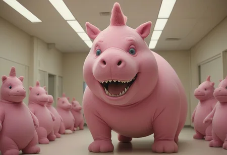 epic, cinematic, a towering (clown) pink chonkasaurus, (10chonkasaurus crowd), desaturised colours, in a sterile room, <lora:chonkasaurus-000003:1>