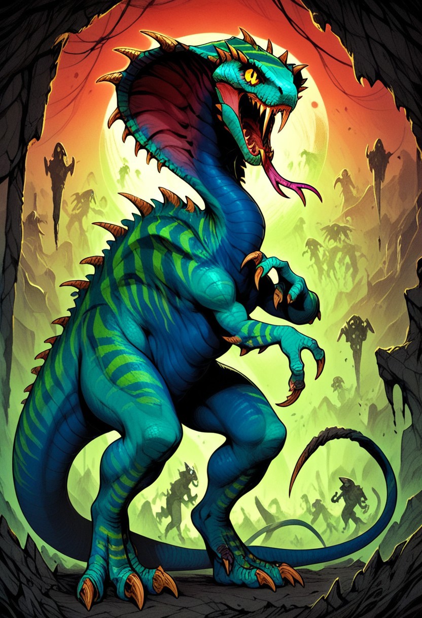 DonMC0m1cM4g1cXL, (dark, fantasy, magical, eerie) score_9, score_8_up, score_7_up, score_6_up, Vertigo_Primal, cobra, dinosaur, monster, colored sclera, reptile eyes, yellow eyes, blue skin, green stripes, stinger tail, spikes, claws, fangs, forked tongue