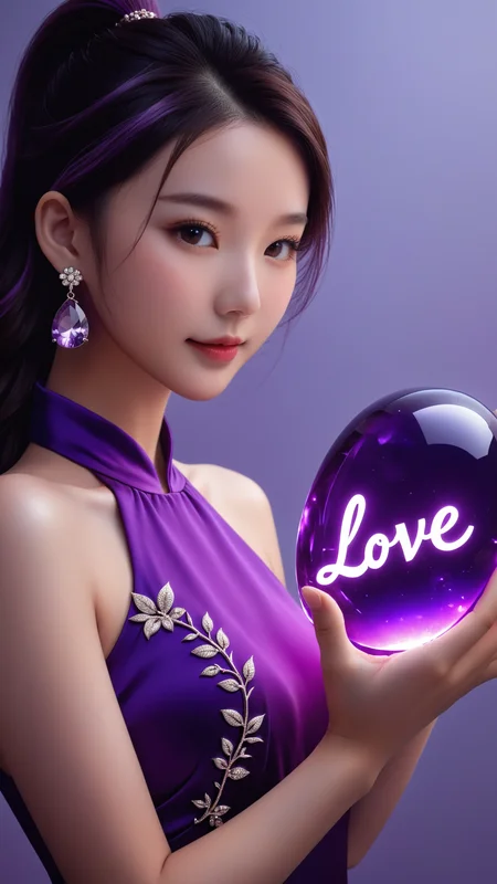 neonpunk style wallpaper,best quality,masterpiece,realistic,HDR,UHD,8K,Vivid Colors,Studio lighting,ultra-fine painting,sharp focus,physically-based rendering,Canon 35MM camera angle,art,(((1 beauiful Chinese girl holding a Amethyst))),(((the amethyst with Stone carving word "Love"))),the girl 22 years old,full body,wear purple dress with embroidery,purple Ponytail hair,Amethyst earrings,medium breasts,Bare arms,collarbones,cute face,slender,brown eye ball,bright pupils,shy,light blush,sexy pose,smile,detailed hand,indoor,ambient light,add more details,moden,hand,coral dress,,,,neon,text logo " Love",<lora:detailed_hands:1>,<lora:coraldress:0.3>,<lora:Harrlogos_v1.1:1> . cyberpunk, vaporwave, neon, vibes, vibrant, stunningly beautiful, crisp, detailed, sleek, ultramodern, magenta highlights, dark purple shadows, high contrast, cinematic, ultra detailed, intricate, professional