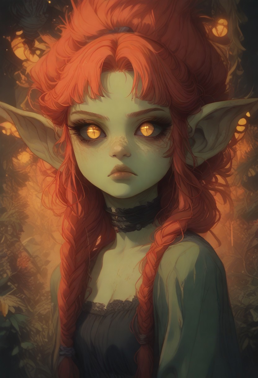 (Score_9:1.1), score_8_up, score_7_up,
(glimmer,glitter,limited lighting, high contrast, highres, closed_mouth:1.4, absurdres),(leaning forward:0.4)
Fl0ralD0lls ,Goblin
solo, short stature, shortstack, pointed ears, big eyes,goblin ears, goblin woman, green skin, big eyes, glimmering eyes, (black sclera, slit pupils, yellow iris, glowing iris), (ferns:1.3), realistic, focus on face, hime cut, red hair,((hair in very long single braids)), big lips, full lips, glossy lips, matte skin, matte colours