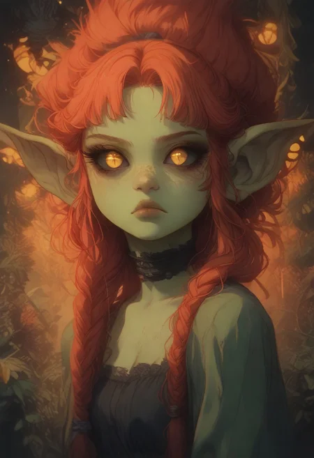 (Score_9:1.1), score_8_up, score_7_up,
(glimmer,glitter,limited lighting, high contrast, highres, closed_mouth:1.4, absurdres),(leaning forward:0.4)
Fl0ralD0lls ,Goblin
solo, short stature, shortstack, pointed ears, big eyes,goblin ears, goblin woman, green skin, big eyes, glimmering eyes, (black sclera, slit pupils, yellow iris, glowing iris), (ferns:1.3), realistic, focus on face, hime cut, red hair,((hair in very long single braids)), big lips, full lips, glossy lips, matte skin, matte colours