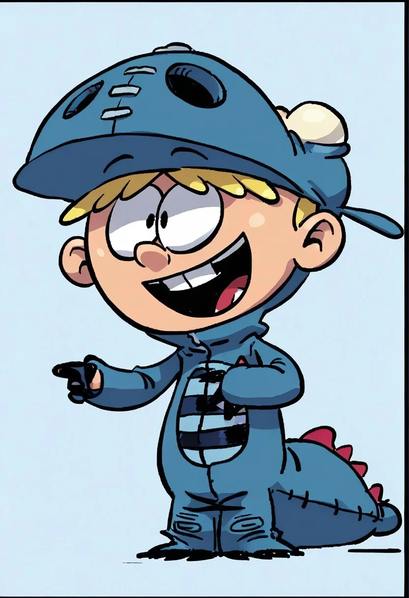 (score_9 | score_8_up | score_7_up) ((masterpiece:1))(best quality,very high quality,ultra detailed:1.2) (2D,cartoon style,anime style)(Smooth:2)(clean blurring) (four fingers on each hand,one thumb on each hand:1), Leif Loud, solo, 1boy, Blonde hair, missing teeth, red baseball cap facing backwards, wearing a dark blue dragon costume, dark blue Dragon costume, dark blue Dragon, full body
