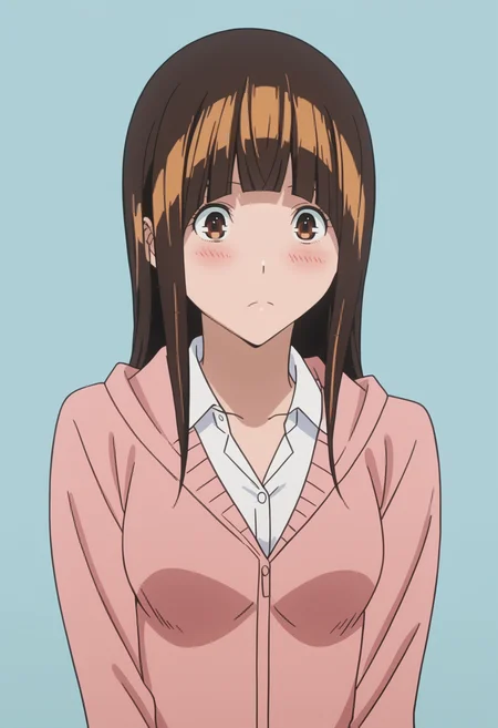 score_9, score_8_up, score_7_up, BREAK, 1girl, solo, anime screencap <lora:DX888Miho:1>azuki miho, brown hair, brown eyes, long hair, blunt bangs, BREAK pastel background , blue background , Bouncing forward, arms bent at elbows cardigan and slip dress, in denial, wide open eyes, closed mouth, o_o, blush, wide-eyed, surprised, sad,