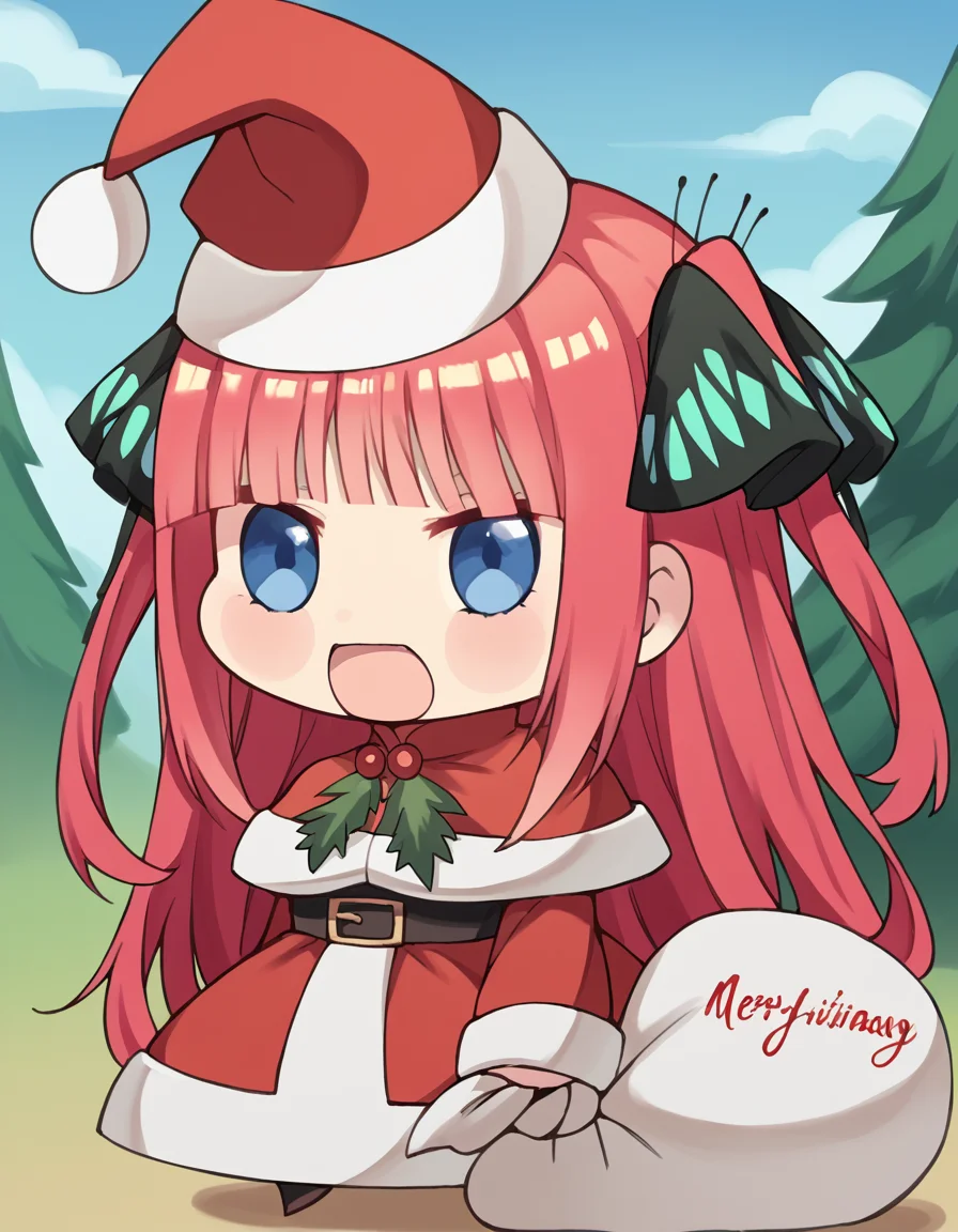 score_9, score_8_up, score_7_up, source_anime, <lora:nnakano-s2-ponyxl-lora-nochekaiser:1>, long hair, bangs, blue eyes, hair ornament, hair ribbon, pink hair, blunt bangs, two side up, butterfly hair ornament, large breasts,, <lora:padoru-ponyxl-lora-nochekaiser:1>, padoru, padoru (meme), holding sack, sack, santa hat, meme, christmas, open mouth, chibi, red capelet, santa dress, capelet, fur-trimmed headwear,, ,