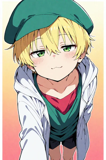 tyontyon, score_9, score_8_up, score_7_up,source_anime,(close up:1.3), solo, 1boy, child, :3, jitome, cinematic angle, flat cap, Long coat, shorts, knees, vibrant, high contrast, thick outline, (Kawaii), [(warm colour Background:1.2)::0.2], (gradient border background:1.2), very aesthetic, amazing quality, illustration, incredibly absurdres, ultra detailed, masterpiece, best quality, <lora:tyontyon-02:1> <lora:ponyv4_noob1_2_adamW:1>