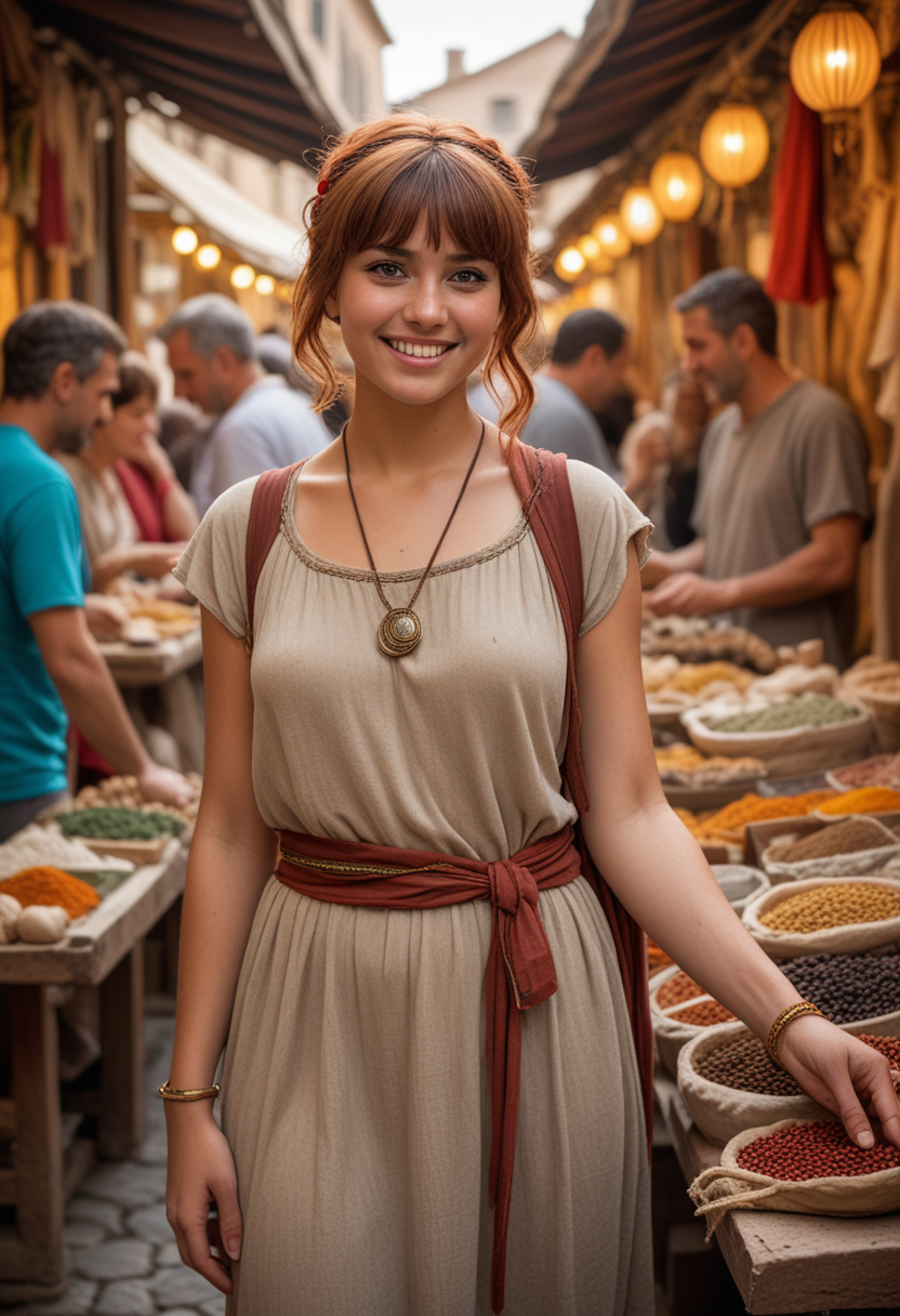 (medium full shot) of (radiant young woman from the ancient roman era), persian, tan skin, brown eyes, curvy build, short red straight bangs hair, wearing a brown stola with fringed edges , closed-toe sandals, anklet, hair ribbons,  set in ancient rome,  a vibrant Roman market, with stalls selling spices, fabrics, and pottery, and people haggling and bartering during sunset, woman smiling, Masterpiece,best quality, photo, realistic, very aesthetic, detailed face,