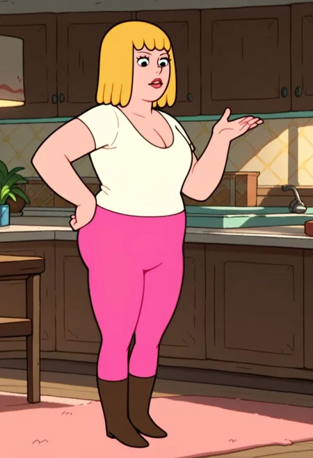 Score_9_up, score_8_up, score_7_up, Expressiveh, 1girl, solo, marywc, blonde hair, shirt, pink pants, boots, hand on hip, living room