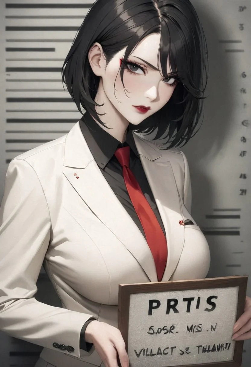 safe_pos, full body, medium breasts, office lady, eyeliner, red lipstick, charming look, languid look, , tie, half-closed eyelids, villainess, eye shadow, 1woman, pale skin, black eyes, bob hair, black hair, evil look, big breasts
cinematic, (masterpiece), (best quality), (ultra-detailed), very aesthetic, illustration, perfect composition, intricate details, absurdres, detailed face,
nameplate inscription , holding sign, letterboxed, (looking at viewer), mugshot, english text, shiny skin, shiny,shiny face, extremely detailed , detailed background, looking down, office suit, white suit, closed mouth, no bangs