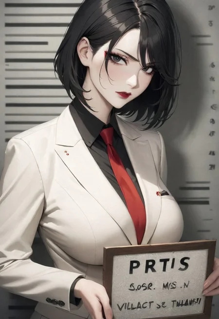safe_pos, full body, medium breasts, office lady, eyeliner, red lipstick, charming look, languid look, , tie, half-closed eyelids, villainess, eye shadow, 1woman, pale skin, black eyes, bob hair, black hair, evil look, big breasts
cinematic, (masterpiece), (best quality), (ultra-detailed), very aesthetic, illustration, perfect composition, intricate details, absurdres, detailed face,
nameplate inscription , holding sign, letterboxed, (looking at viewer), mugshot, english text, shiny skin, shiny,shiny face, extremely detailed , detailed background, looking down, office suit, white suit, closed mouth, no bangs