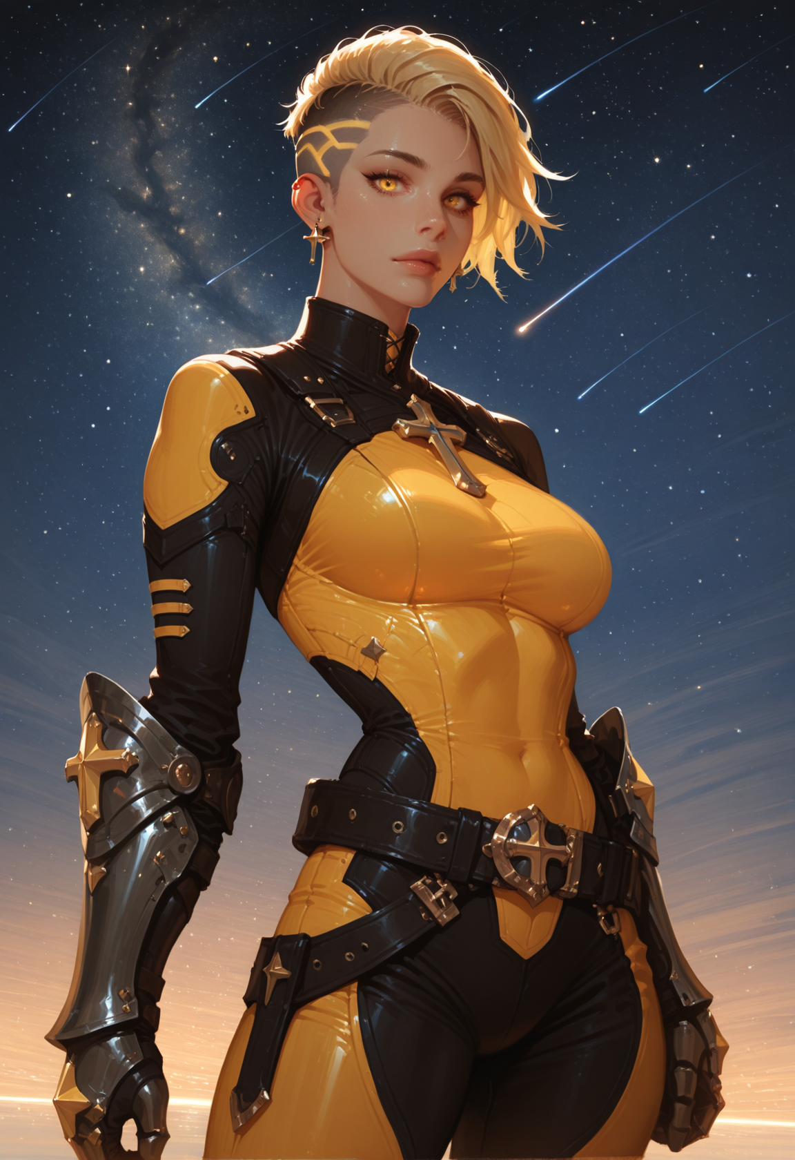 1girl, solo, blonde hair, jewelry, earrings, yellow eyes, star \(sky\), short hair, breasts, star \(symbol\), gauntlets, undercut, bodysuit, sky, starry sky, medium breasts, looking at viewer, belt, cross, cowboy shot, standing, shooting star, night, night sky,, masterwork, masterpiece, best quality, dynamic lighting , dynamic pose,,  dynamic angle, , , (realistic:1.2), (lineless:1.2), detailed, <lora:Detailer_NoobAI_Incrs_v1:1>, , aged up, adult,
