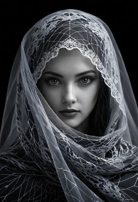 Monochrome ,Mystic Dark Backround, mysterious silhouette woman with veil by Minjae Lee, Carne Griffiths, Emily Kell, Steve McCurry, Geoffroy Thoorens, Aaron Horkey, Jordan Grimmer, Greg Rutkowski, amazing depth, double exposure, surreal, geometric patterns, intricately detailed, bokeh, perfect balanced, deep fine borders, artistic photorealism , smooth, great masterwork by head of prompt engineering <lora:add-detail-xl:2> <lora:Double_Exposure:0.5> <lora:Anna_024:1> . Black and white, contrast, tone, texture, detailed