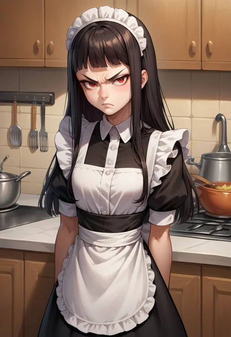 score_9, score_8_up, score_7_up, source_anime, 1girl, solo, tokismtiva, long hair, black hair, blunt bangs, red eyes, maid, maid headdress, maid apron, kitchen, cleaver, holding cleaver, frown, angry, <lora:zs_TokiXL:1>