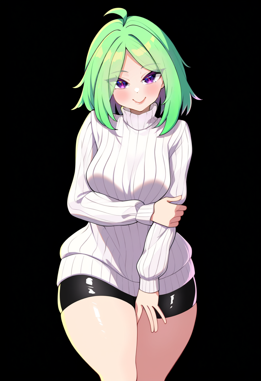 masterpiece, best quality, 1girl,
solo, small breasts, wide hips, thick thighs, shorts, curvy, shiny clothes, turtleneck sweater, green hair, cowboy shot, turtleneck, blush, purple eyes, medium hair, ribbed sweater, smile, white sweater, closed mouth, thighs, breasts, open mouth, bike shorts, black background, arm under breasts, eyes visible through hair, looking at viewer, standing, hand on own arm, ahoge, long sleeves      <lora:akino sora:1>