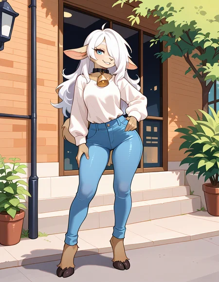 masterpiece, best quality, very aesthetic, absurdres,
outdoors, casual, 
full body, posing, 
 seductive smile, parted lips, long eyelashes,
 <lora:Ann_v01_NAIXL:1>
4nn3,1girl,solo,furry,furry female,animal ears,white hair,long hair,hair over one eye,blue eyes,snout,animals nose,collar,neck bell,body fur,white fur,tail,hooves,