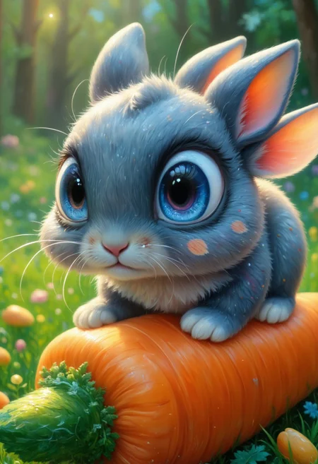 Close-up, high detail, 8k, hyper photorealistic, a small, palm-sized rabbit with blue fluffy fur and big blue eyes, sits on a large bright orange carrot with green tops. The carrot lies on bright green grass. Depth of field, intricate details, concept art, vibrant colors, attention to detail, grandeur and awe, a stunning visual masterpiece.