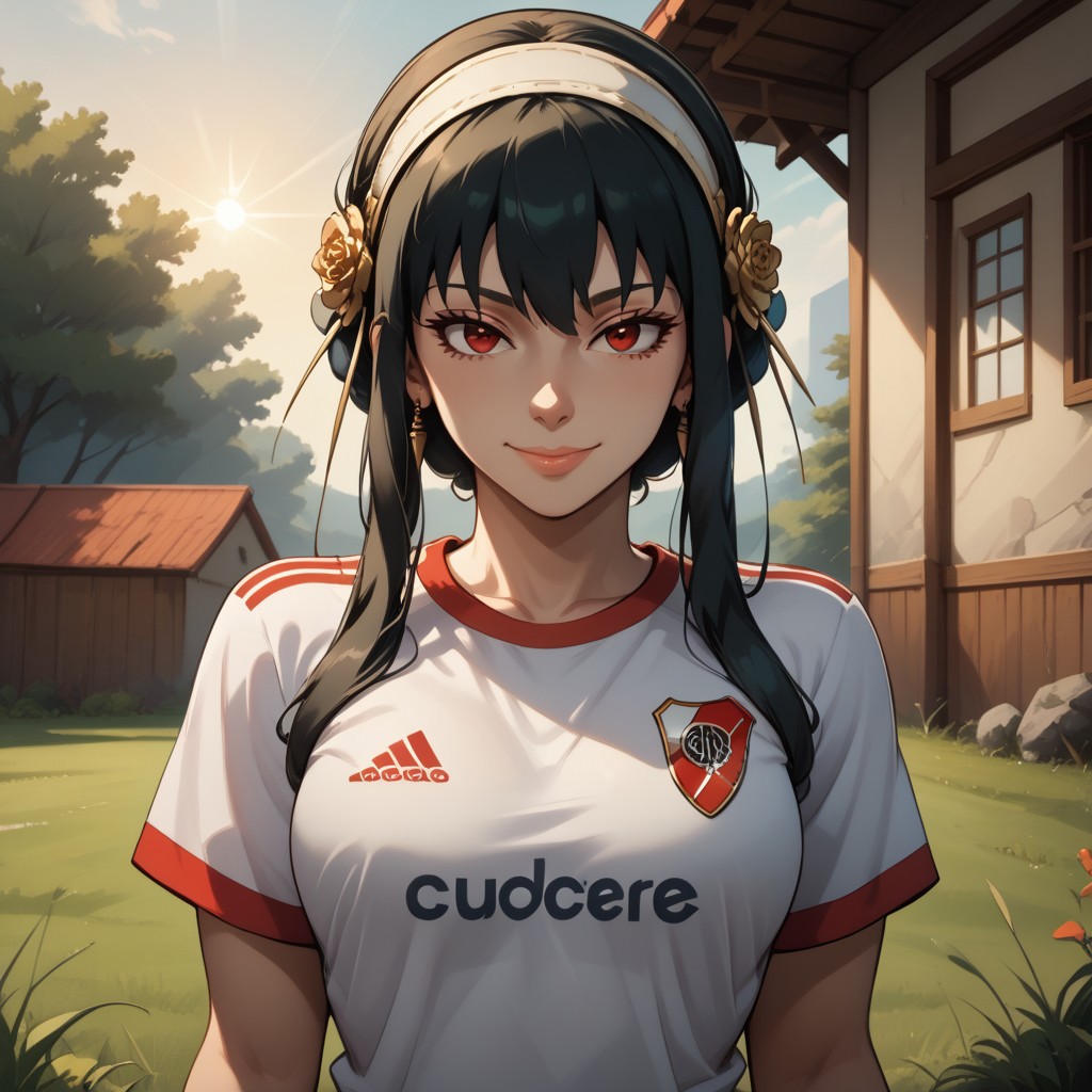 score_9, score_8, BREAK, solo, yor briar, black hair, red eyes, sidelocks, hairband, short hair with long locks, white hairband, RiverPlate, striped shirt, striped, shirt, white shirt, short sleeves, clothes writing, sportswear, soccer uniform, house wife, sexy pose, self portrait, smile, outdoors, sunlight, shadows, evening lighting, natural lighting, forest, trees, grass, orange sky, sunset