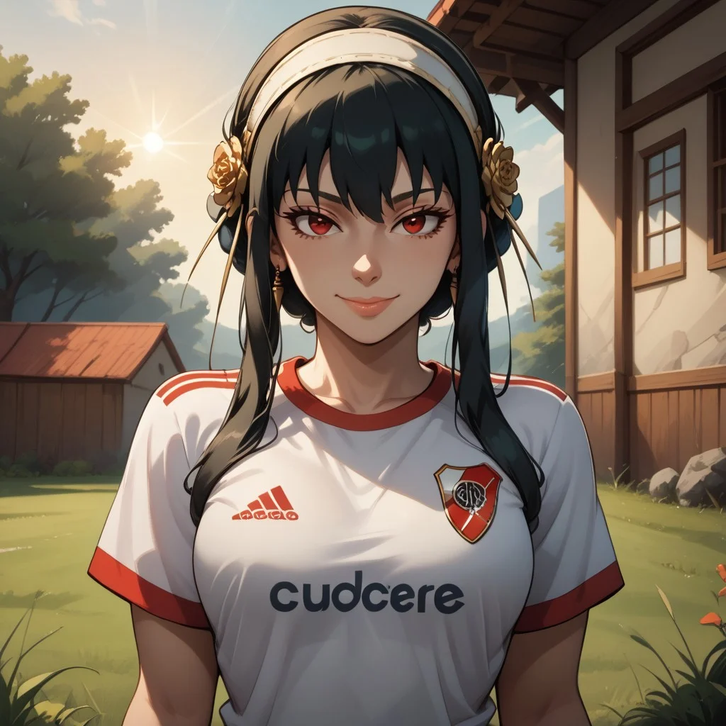 score_9, score_8, BREAK, solo, yor briar, black hair, red eyes, sidelocks, hairband, short hair with long locks, white hairband, RiverPlate, striped shirt, striped, shirt, white shirt, short sleeves, clothes writing, sportswear, soccer uniform, house wife, sexy pose, self portrait, smile, outdoors, sunlight, shadows, evening lighting, natural lighting, forest, trees, grass, orange sky, sunset