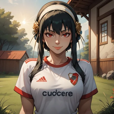 score_9, score_8, BREAK, solo, yor briar, black hair, red eyes, sidelocks, hairband, short hair with long locks, white hairband, RiverPlate, striped shirt, striped, shirt, white shirt, short sleeves, clothes writing, sportswear, soccer uniform, house wife, sexy pose, self portrait, smile, outdoors, sunlight, shadows, evening lighting, natural lighting, forest, trees, grass, orange sky, sunset