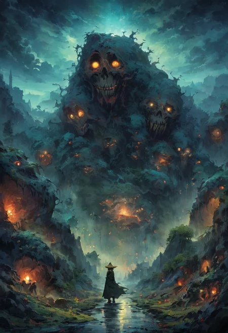 monk with wooden hat, walking into the bunch of monsters, horror atmosphere, it watches, something lurks in the dark,  dark night, atmospheric, (cyan glow), UHD, impressionism, absurdres, scenery art, matte painting, horror, beautiful digital painting, anime landscape, scary painting, paintlike, dreamy,