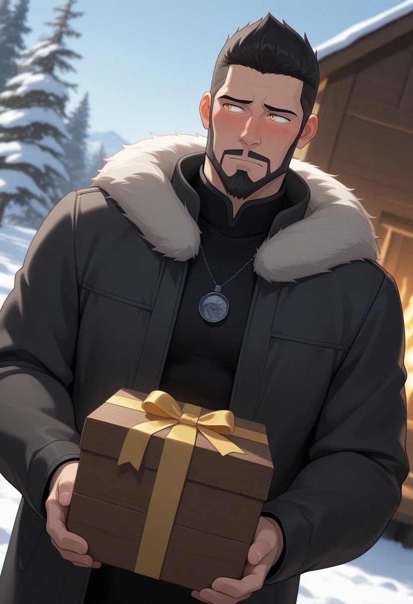 masterpiece, best quality, absurdres, newest, perfect quality, best quality, intricate details, BREAK, 1boy, Vesemir, black hair, short haircut, beard, light yellow eyes, male focus, mature male, muscular BREAK, fur coat, dark gray/black clothes, solo, day, natural lighting,
carrying, holding present
box, blushing, looking
away, furrowed brow, shy, blurry
outdoors snow, blue sky,
wood cabin, dutch angle,
atmospheric perspective,
depth of field,