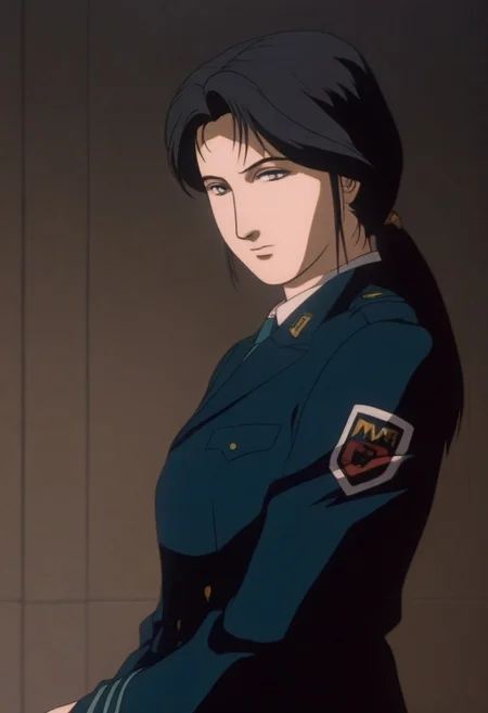 1girl,solo,mm,mature female,black hair,ponytail, uniform ,retro_artstyle,ANIME coloring,masterpiece,best quality,