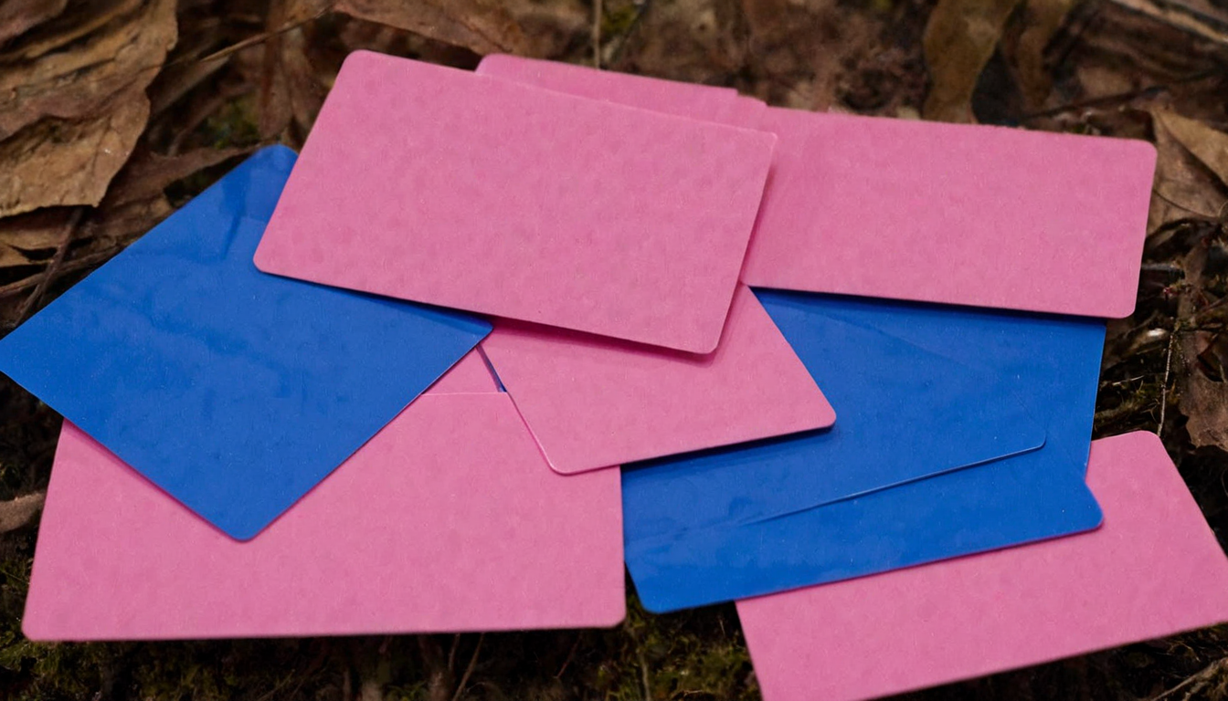 plastkort, a forest landscape (made from) single pink and blue colored rectangular plastic cards, <lora:Plastkort-000005:1>