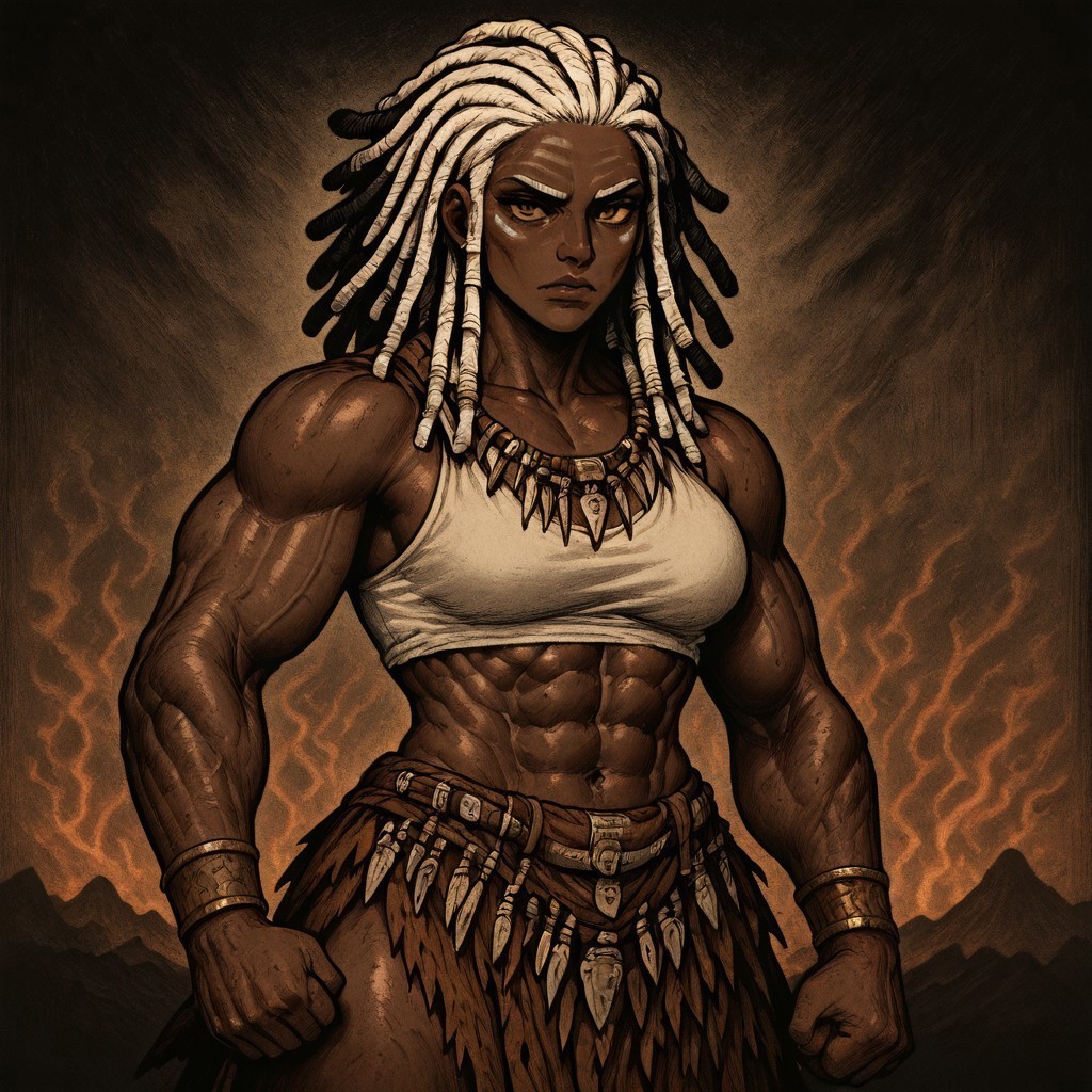 masterpiece, best quality, newest, absurdres, highres, HORCOMV1.0,
1girl, dark skin, dark-skinned female, dredlocks, white dreadlocks, african, african female, muscular female, toned,
