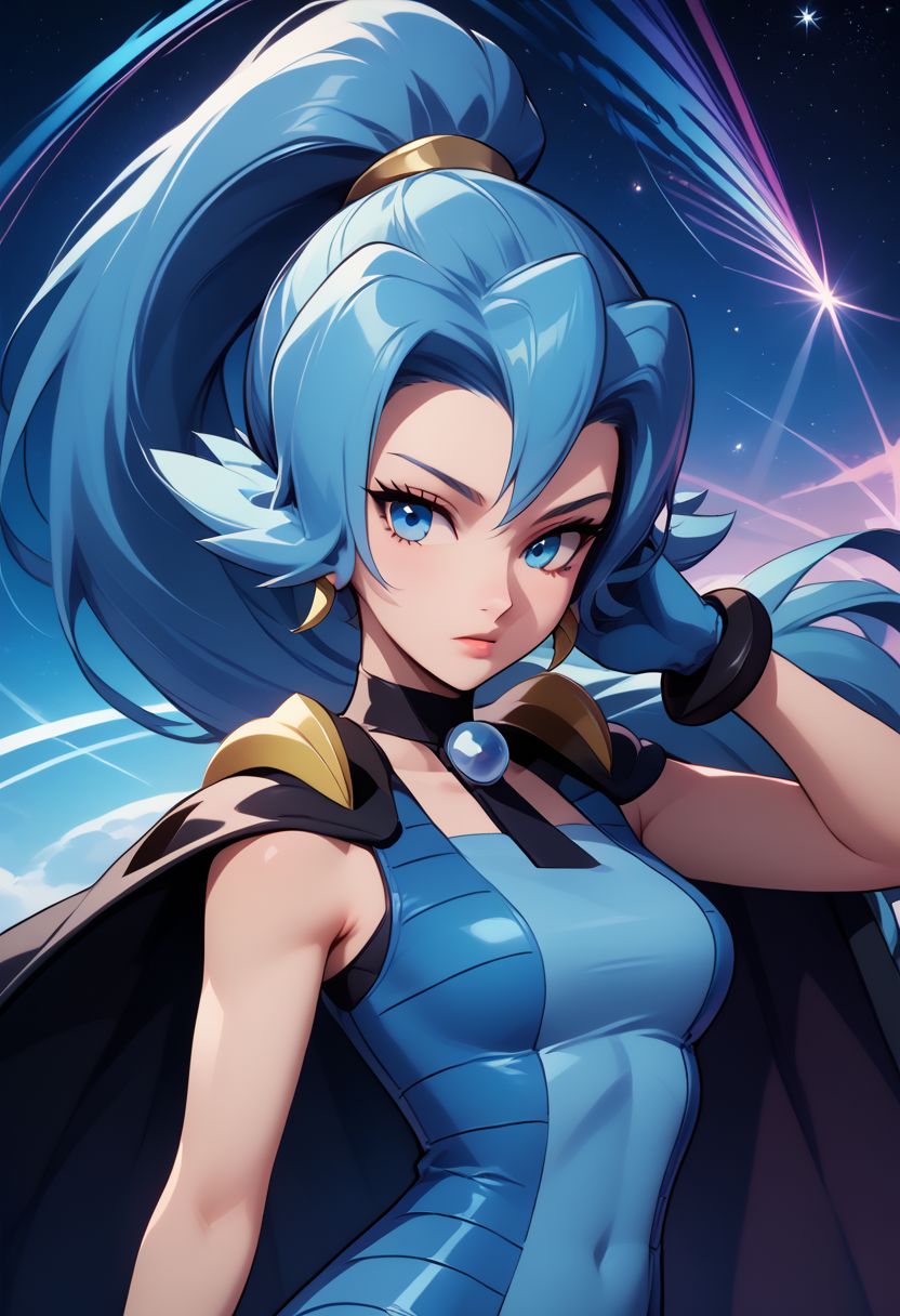 score_9, score_8_up, score_8, medium breasts, (curvy), cute, eyelashes,  rating_safe,
BREAK, 
zzClair, solo, 1girl,  long hair, blue hair, blue eyes, ponytail, blue bodysuit, black cape, blue gloves,
BREAK, 
dynamic angle, stars, floating, colorful, pink, blue eyes, black bow, from side, on back, spaceship, technological,
zPDXL,