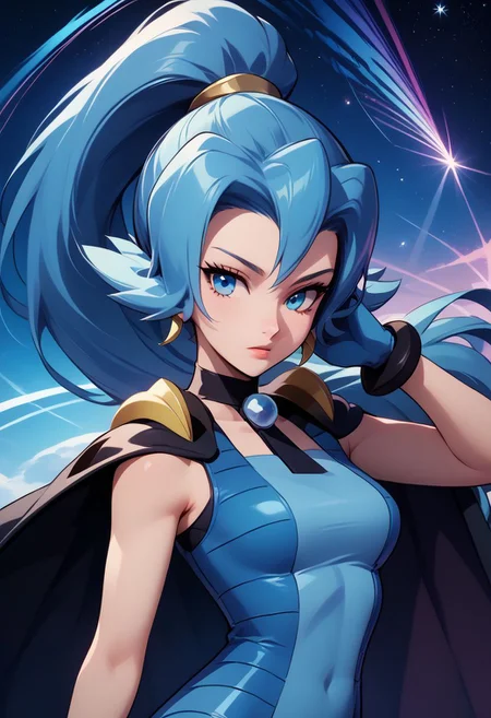score_9, score_8_up, score_8, medium breasts, (curvy), cute, eyelashes, rating_safe,
BREAK,
zzClair, solo, 1girl, long hair, blue hair, blue eyes, ponytail, blue bodysuit, black cape, blue gloves,
BREAK,
dynamic angle, stars, floating, colorful, pink, blue eyes, black bow, from side, on back, spaceship, technological,
zPDXL,