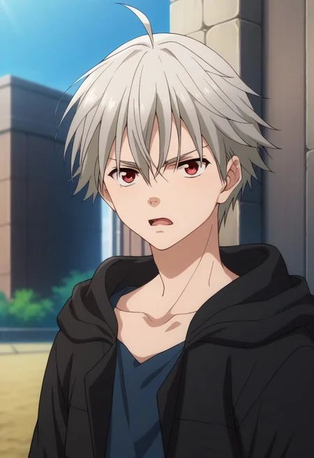 score_9, score_8_up, score_7_up, source_anime, highly detailed, 
yoshio, 1boy, male focus, solo, red eyes, hood, upper body, hoodie, ahoge,
grey hair, black hoodie, brown pants, shirt, blue shirt, frown, open hoodie, open clothes, open mouth, annoyed, frustrated,
outdoor,