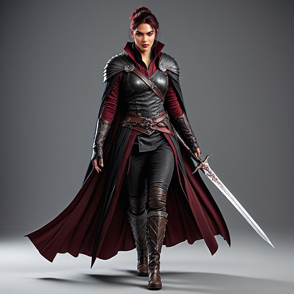 This towering figure is a force of nature, her body a perfect blend of power and grace. Her skin is dark, covered in deep crimson scales that ripple with each movement, showing off the dense muscles beneath. Her chest is broad and defined, her arms and shoulders bulging with veins, while her forearms are thick, powerful, and marked with dark, intricate runes that glow faintly in the shadows. Her face is hardened, with high cheekbones and a strong, angular jaw. Her eyes burn with an infernal light, giving her an unearthly presence. Her clothing is minimal but practical—tight, black leather wrapped around her waist and chest, leaving her arms and legs exposed for freedom of movement. A long, black cloak drapes from her shoulders, hiding an array of small, deadly throwing blades. Her boots are armored, sharp spikes jutting from the knees. She wields a jagged, serrated sword in one hand, the blade humming with dark energy. Silent and unstoppable, she strikes fear into even the bravest hearts.
