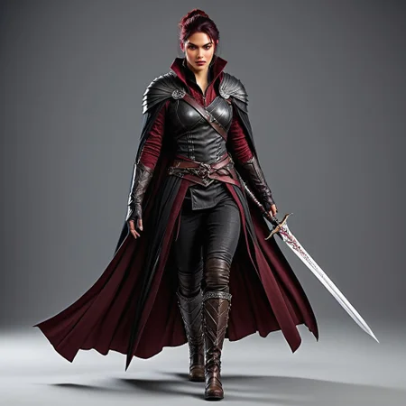 This towering figure is a force of nature, her body a perfect blend of power and grace. Her skin is dark, covered in deep crimson scales that ripple with each movement, showing off the dense muscles beneath. Her chest is broad and defined, her arms and shoulders bulging with veins, while her forearms are thick, powerful, and marked with dark, intricate runes that glow faintly in the shadows. Her face is hardened, with high cheekbones and a strong, angular jaw. Her eyes burn with an infernal light, giving her an unearthly presence. Her clothing is minimal but practical—tight, black leather wrapped around her waist and chest, leaving her arms and legs exposed for freedom of movement. A long, black cloak drapes from her shoulders, hiding an array of small, deadly throwing blades. Her boots are armored, sharp spikes jutting from the knees. She wields a jagged, serrated sword in one hand, the blade humming with dark energy. Silent and unstoppable, she strikes fear into even the bravest hearts.
