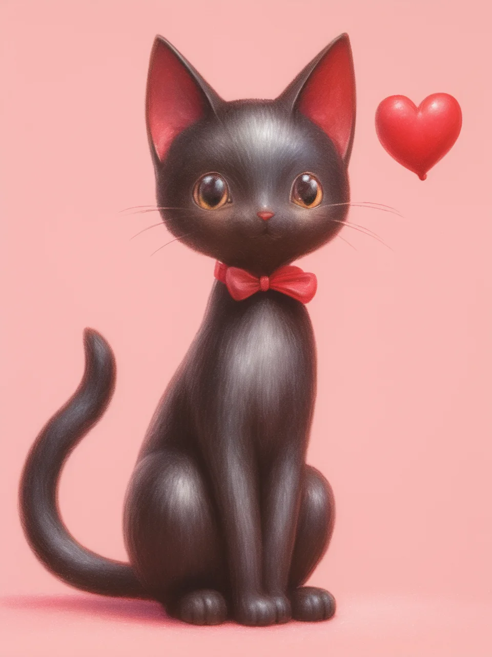 A sleek black kitten with wide eyes and large red ears sits upright, gazing intently at a floating red heart. The kitten's fur is smooth and shiny, and it wears a small collar with a bow. The background is a soft pastel pink, enhancing the adorable and whimsical atmosphere of the scene,
ddpapa,<lora:Detail_Adamov_V1:0.7>,, masterpiece, best quality,
