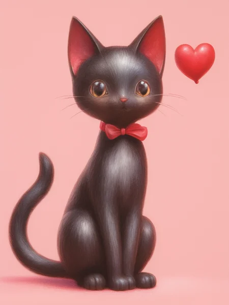 A sleek black kitten with wide eyes and large red ears sits upright, gazing intently at a floating red heart. The kitten's fur is smooth and shiny, and it wears a small collar with a bow. The background is a soft pastel pink, enhancing the adorable and whimsical atmosphere of the scene,
ddpapa,<lora:Detail_Adamov_V1:0.7>,, masterpiece, best quality,