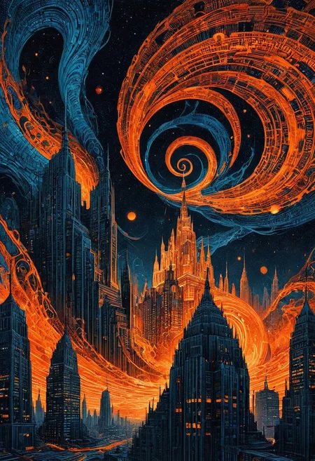 Distorted skyscrapers twist like (all dark hues and fine vibrant orange glowing  background, jewelry, sitting, trippy, 60s style, op art, dark blues and blacks, swirling patterns, hypnotic, art by
<lora:InkArtXL_1.2:0.4> <lora:FaeTastic:0.35> . award-winning, professional, highly detailed . extremely high-resolution details, photographic, realism pushed to extreme, fine texture, incredibly lifelike, high contrast, well defined .