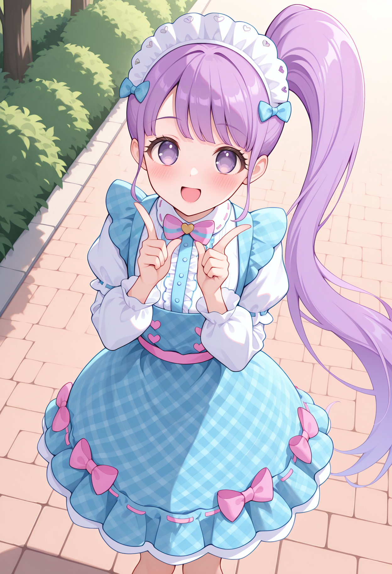 highres, best quality, masterpiece, outdoors,
1girl, solo, pparanon, purple hair, side ponytail, very long hair, purple eyes,
pnongin, blue dress, plaid dress, plaid, pinafore dress, center frills, maid headdress, hair bow, blue bow, pink bow, striped bow, pink sash, puffy sleeves, long sleeves, white sleeves, ribbon trim, dress bow,
looking at viewer, blush, smile,
standing, hands up, open mouth, pointing,
<lora:_non_manaka-elesico-ilxl-13:1>