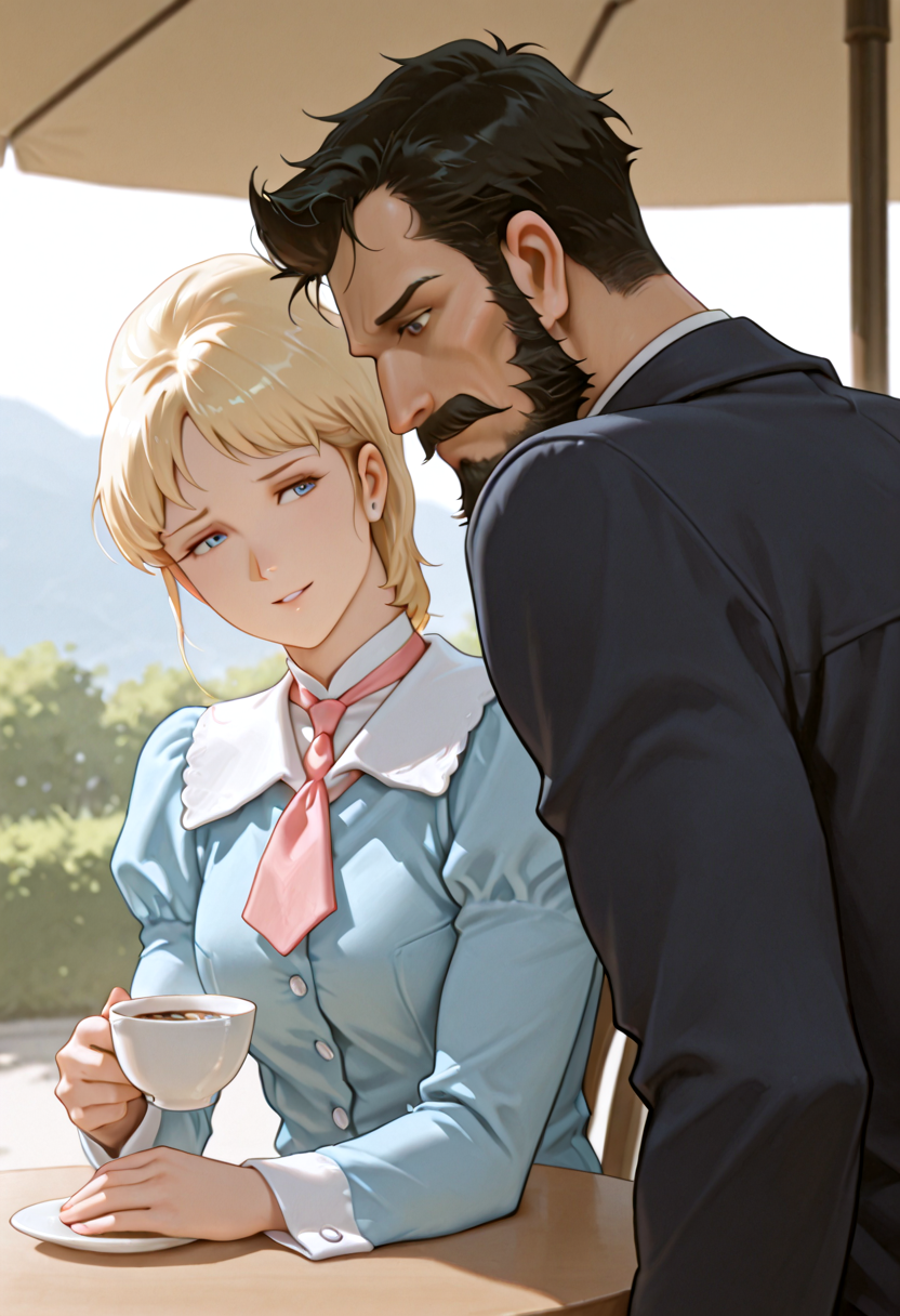 2person, astr4ai4_t0r_d31kun,ze0n_zum_d31kun,Couple,(((profile)))
IllusP0s, masterpiece, best quality, amazing quality, very aesthetic, absurdres, newest, ((ultra detailed eyes:1.4)),((ultra detailed hair:1.4)),((Dynamic Angle))
BREAK
1girl, d31kun, astr4ai4_t0r_d31kun,Blonde hair, short hair, blue eyes,
blue Casual_wear, Pink tie, beige A-line  Long  skirt, Holding a tea cup
BREAK
1boy,  ((male)), d31kun,ze0n_zum_d31kun,facial hair, mustache, beard, Sideburns, black hair, Short Hair,
Dark navy blue z_Speech_outfit, holding a coffee cup
BREAK
A cafe in town, an open terrace, outdoors, sunshade, a round table, two chairs, sitting side by side,((upper  body))
smile, Enjoyable conversation, fun conversation, bright future prospects, big smiles, Looking at each other, parted lips, married couple
 <lora:Astraia_Tor_Deikun_-_GUNDAM_THE_ORIGIN_-_100Percent_-_Manga06:1>