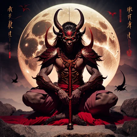 photo, illustration of a demon sitting in front of a full moon (FantasyDaimyo style:1) <lora:djzFantasyDaimyoV21:0.8>