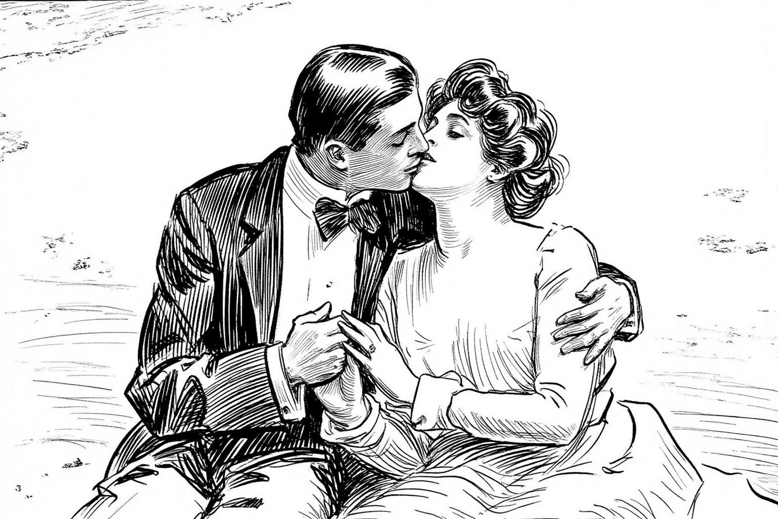 charlesdgibson1 illustration.
A man and a woman kissing, seated outdoors. The man, on the left, has short, slicked-back hair and is dressed in formal attire: a dark suit with a bow tie. Their hands are touching. <lora:charlesdgibson1_cap_d8a4:1.0><lora:840164623505289669:0>