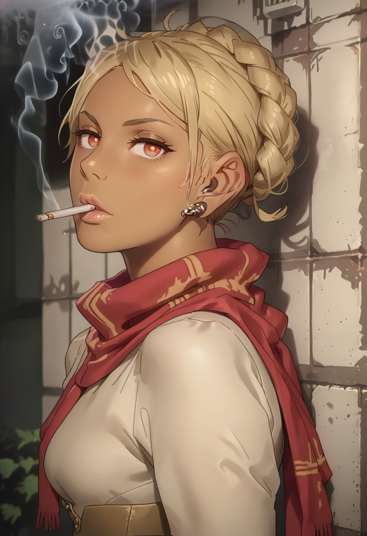 score_9, score_8_up, score_7_up, score_6_up, 1girl, looking at viewer, holding cigarette, blowing smoke, smoke, cigarette, Leaning back, back on wall,  kurenai_deca, blonde hair, red eyes, braid, earrings, scarf, dark-skinned female,  outdoors, <lora:kurenai_deca:0.8> <lora:MoriiMee_Gothic_Niji_Style__Pony_LoRA_V2_Alt:0.6> morimee_style,  <lora:smoking4:1>