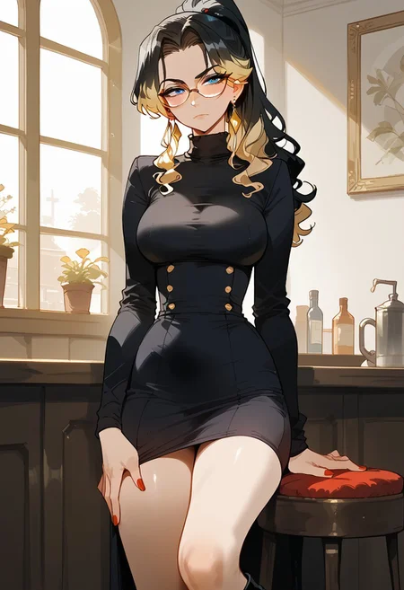 score_9, score_8_up, score_7_up, 1girl, solo,, mature score_9, score_8_up, score_8, rating_explicit, tall girl, wavy hair, long hair, black hair with blonde highlights, ombre hair, straight hair, blue eyes, glasses, slim figure, red painted nails, black turtleneck dress, cleavage window, midriff, pvc skirt, knee high boots, narrow waist, skinny, solo, earring, earring, ponytail, one hand on thigh, one foot raised on stool, tall, intimidating, sexy features, seductive, portrait view, face focus, BDSM background,