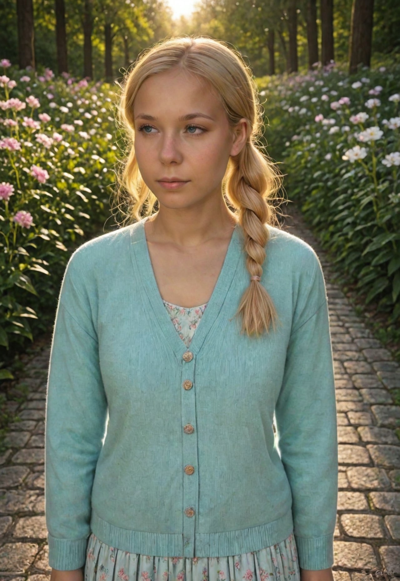 1girl, solo, sitting on the steps of an old stone fountain in a quiet European plaza, early morning light, soft pink and orange tones in the sky, blonde hair tied in a loose side braid, blue eyes looking into the distance, wearing a light cardigan and skirt in soft pastel hues, cobblestone street, small flower stalls in the background, sleepy village vibe, painterly anime style, gentle breeze, fallen petals on the ground, soft glow on skin, subtle bloom effect, highly detailed, best quality, 8k, highres, masterpiece, tranquil and cinematic atmosphere, score_10, 🌼