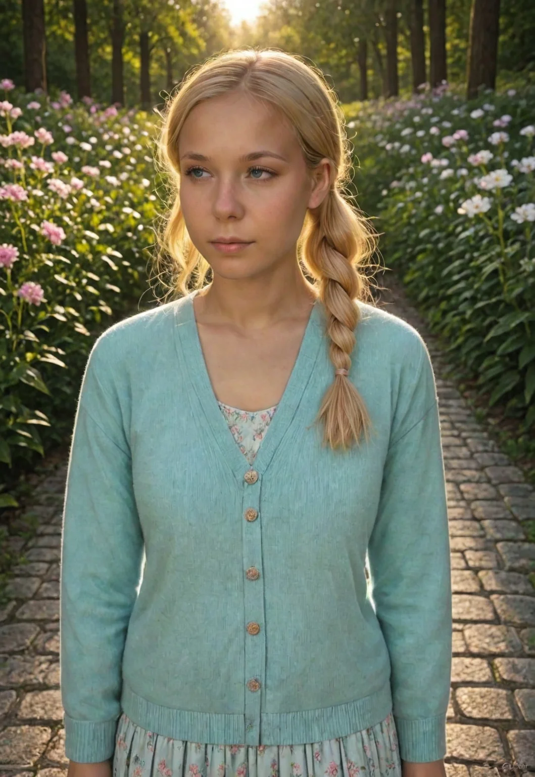 1girl, solo, sitting on the steps of an old stone fountain in a quiet European plaza, early morning light, soft pink and orange tones in the sky, blonde hair tied in a loose side braid, blue eyes looking into the distance, wearing a light cardigan and skirt in soft pastel hues, cobblestone street, small flower stalls in the background, sleepy village vibe, painterly anime style, gentle breeze, fallen petals on the ground, soft glow on skin, subtle bloom effect, highly detailed, best quality, 8k, highres, masterpiece, tranquil and cinematic atmosphere, score_10, 🌼