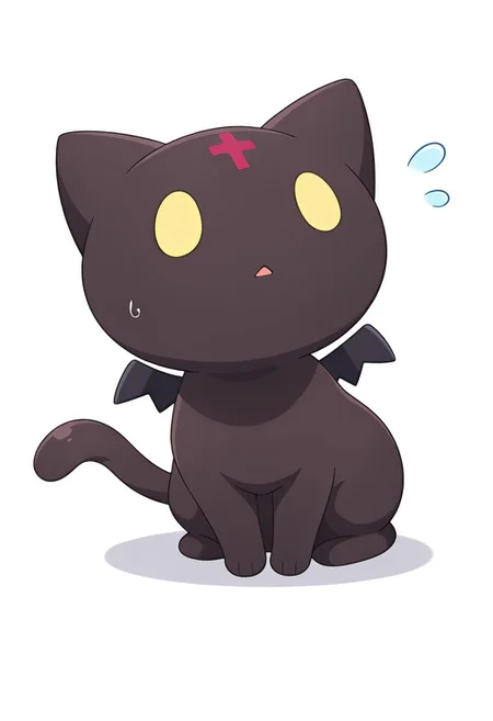 masterpiece, best quality, amazing quality, solo, (cat:1.2), small tail, Chomusuke-Liver020, brown cat, yellow eyes, brown cat, black cat, no human, red cross, animal, animal focus, cat focus, bat wings, small tail, white background, simple background